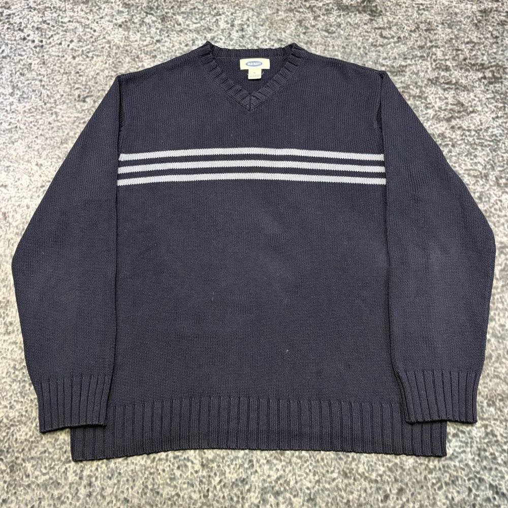 Old Navy Sweater Long Sleeve V-Neck Striped XL Navy Blue Skater Grunge VTG Y2K